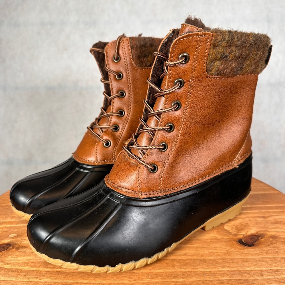 Magellan Outdoors Duck Boots Womens 8 Brown Black Good Waterproof Lace Up Wool